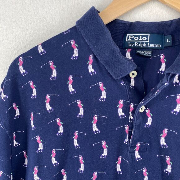 POLO RALPH LAUREN Shirt Men L Golf Polo All Over Print Golfer Cotton Jersey Blue - Picture 1 of 15